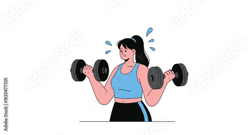 A happy and determined young woman in athletic wear is actively lifting dumbbells, showing effort with sweat drops during her workout.