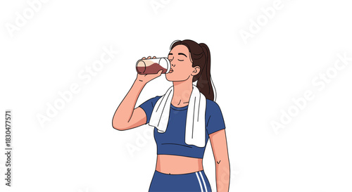 A fit young woman in athletic attire takes a refreshing drink from her shaker bottle after a workout, focusing on hydration and recovery.