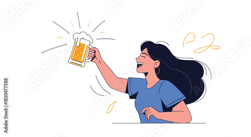 A joyful woman with dark hair holds up a frothy mug of beer in a celebratory toast, smiling broadly in a vibrant illustration.