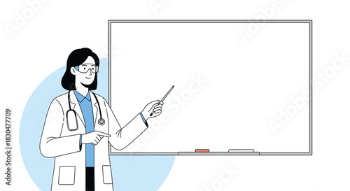 Female doctor in a lab coat and safety glasses presenting with a pointer at a blank whiteboard, ready for medical or educational content.