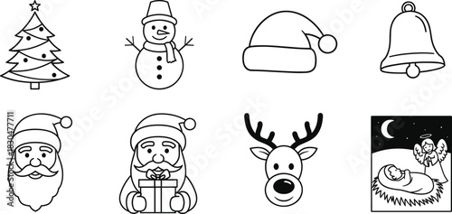 Christmas outline icons with Santa Claus, reindeer, snowman, Christmas tree, bell, hat, angel, and nativity scene vector