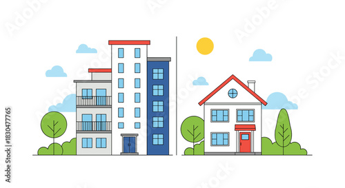 Illustration contrasting urban apartment buildings with a traditional suburban house, depicting different residential living styles under a clear sky.