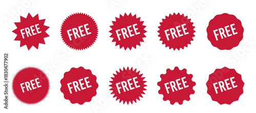 Set of red starburst FREE tags in vector style, designed as clean and modern icons for websites, interfaces, online stores, and digital marketing promotions