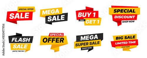 modern vector sale banners in red, yellow, and black colors with bold typography, perfect for retail promotions, online marketing, and seasonal advertising campaigns.