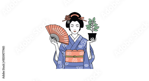 A traditional Japanese woman in a blue kimono and orange obi gracefully holds an open fan and a small potted plant.