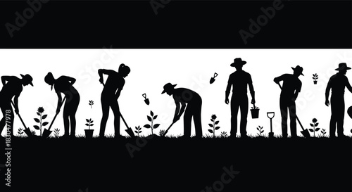 Black and white silhouette border of diverse people gardening, planting, digging, and cultivating flowers and seedlings in a grass field, illustrating team work and agriculture.