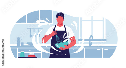 A man wearing an apron is enthusiastically whisking ingredients in a bowl in a modern kitchen, creating splashes of liquid.
