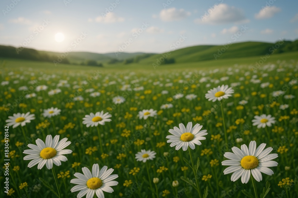 Obraz premium Blooming meadow with daisies and yellow wildflowers under blue sky and soft sunlight, peaceful springtime landscape concept in natural countryside setting. Ai generative