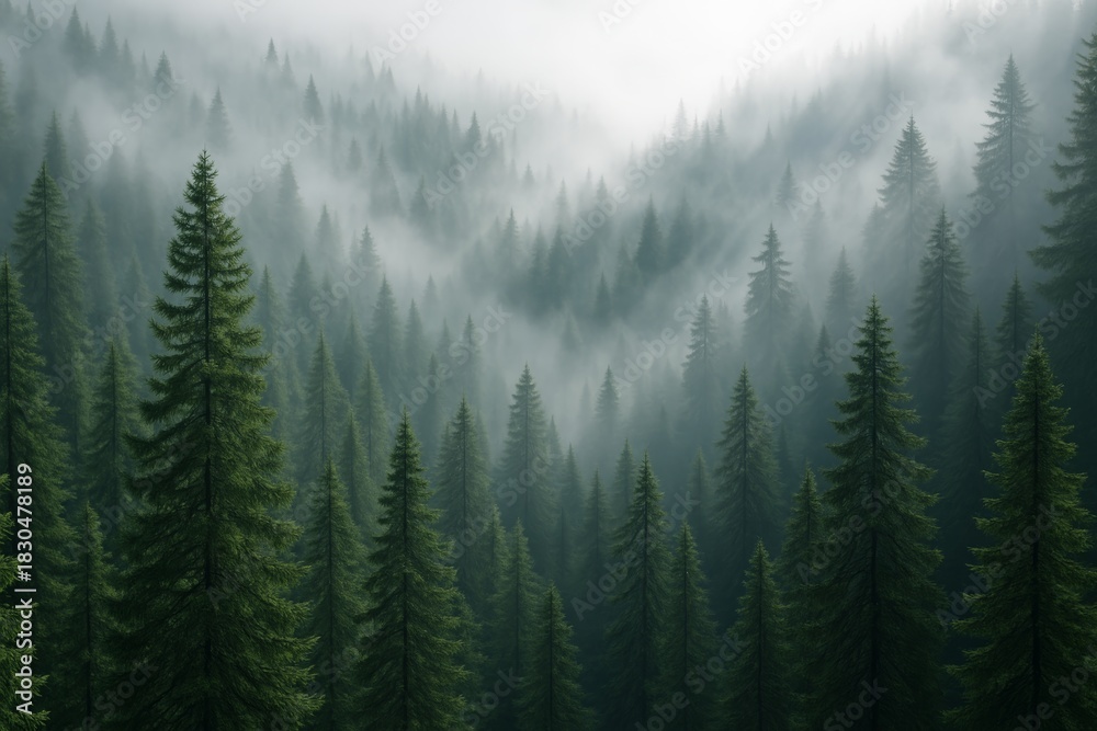 Fototapeta premium Dense foggy pine forest landscape with mist rolling over treetops in a mountainous environment, evoking mystery and solitude in nature concept. Ai generative