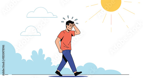 A man walks under a blazing sun, sweating and looking uncomfortable from the intense heat of a summer day.