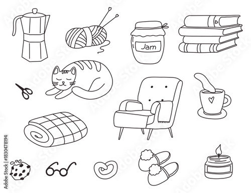 Hand drawn doodle set of cozy home elements including cat, armchair, books, yarn, candle, tea and warm blanket. Cute vector illustration perfect for hygge design, autumn decor, posters, stickers and