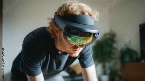 A man wearing a virtual reality headset leans forward indoors, focused on a VR experience.