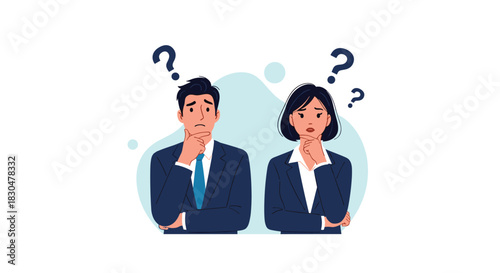 Two business professionals look confused and thoughtful, surrounded by question marks, symbolizing doubt or problem-solving.