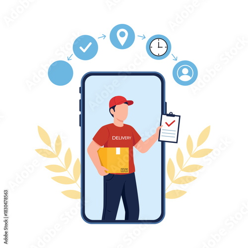 Online Delivery App Courier Holding Package with Real Time Tracking Order Process Visualization on Mobile Phone Screen