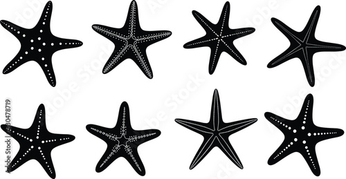 Collection of black starfish silhouettes with dotted textures and ocean marine details, vector illustration of sea stars and underwater design