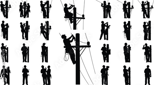 Collection of electrical lineman silhouettes working on utility poles with tools and safety harness, vector illustration of power line workers
