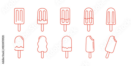 Outline style vector of a simple ice cream on a stick and in a cone, set against a white background. Perfect for designing holiday cards, presentations, websites, and menus.