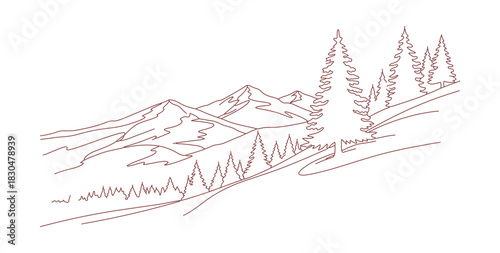 A young spruce standing on a snowy slope of a mountain. Winter scenery. Continuous line drawing. Vector graphic.