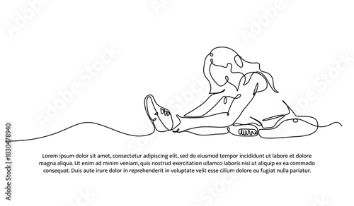 One line of stretching the legs. Abstract minimal continuous line isolated on white background.