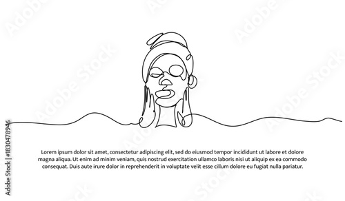 One line of a woman is treating her face with a mask. Abstract minimal continuous line isolated on white background.