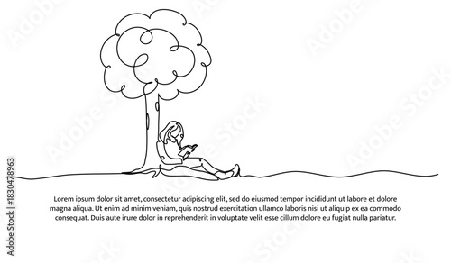 One line of a woman relaxing under a tree while reading a book. Abstract minimal continuous line isolated on white background.