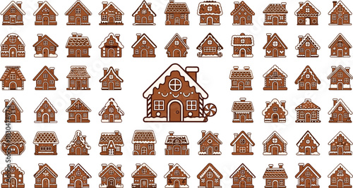 Collection of gingerbread house icons decorated with icing and candy, festive Christmas cookie vector illustration, holiday sweet dessert design