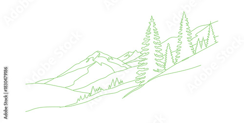 A young spruce tree on a snowy mountain slope. It's a winter scene. Continuous line art. Vector illustration.