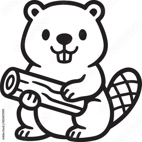 An endearing cartoon beaver, meticulously rendered in a clean, uncluttered style, is holding a log. Designed to be eye-catching.