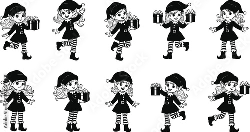 Cute Christmas elf girl character set holding gift box, happy festive helper cartoon illustration, holiday season vector design collection