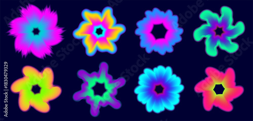 Abstract gradient petals in a retro y2k flower style with soft blur accents. Fluid shape figures loop gradient shades while y2k charm highlights flower silhouettes and atmospheric blur shape tones.