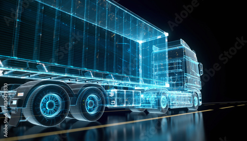 Digital Truck on Road: Futuristic digital rendition of a large truck on an open road, embodying modern technology and transportation concepts.