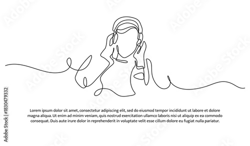 One line of a man listening to music using headphones. Abstract minimal continuous line isolated on white background.