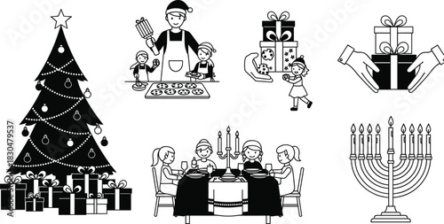 Festive holiday celebration family scenes with Christmas tree, gift exchange, dinner table, menorah and baking cookies, winter season illustration vector