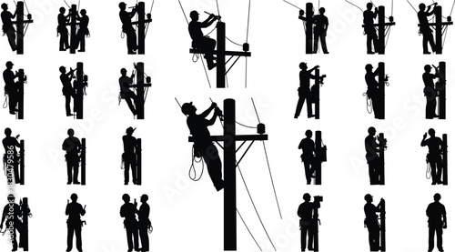 Electrical lineman silhouettes working on utility poles with power lines and tools, vector illustration of maintenance and repair workers