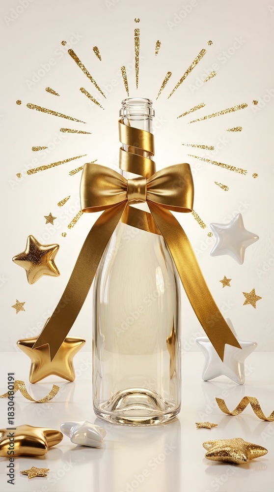 Fototapeta premium A festive champagne bottle, adorned with a luxurious golden bow and sparkling star decorations, embodies elegance and celebration.