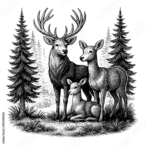 Deer Family in Forest Vintage Style Engraving