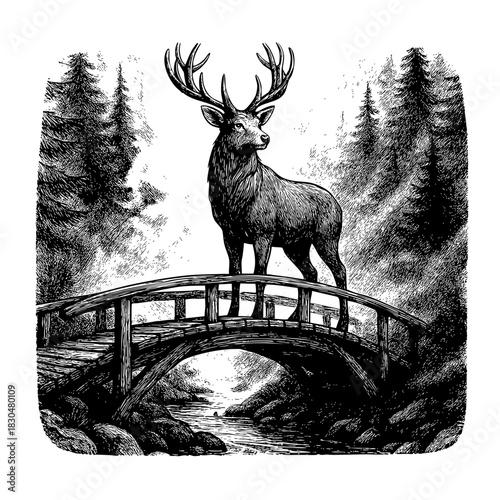 Majestic Stag Standing on Wooden Bridge in Forest Engraving