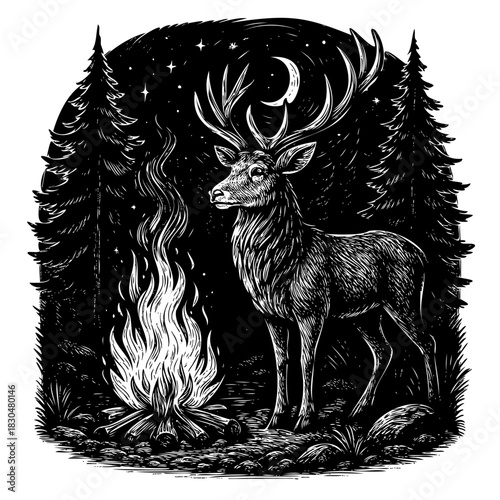 Stag by Campfire in Forest at Night Engraving Style