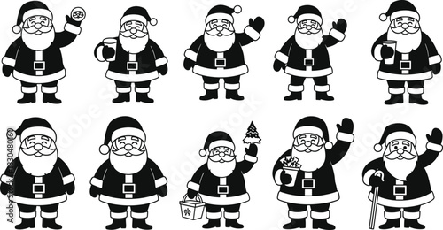 Funny Santa Claus character set holding gifts, candy cane, Christmas tree, cup and waving, cute festive cartoon illustration vector