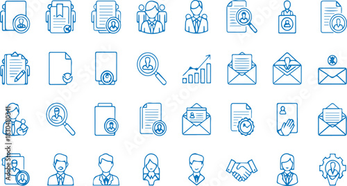 Blue pixel art icons representing business documents and human resources tasks on transparent background