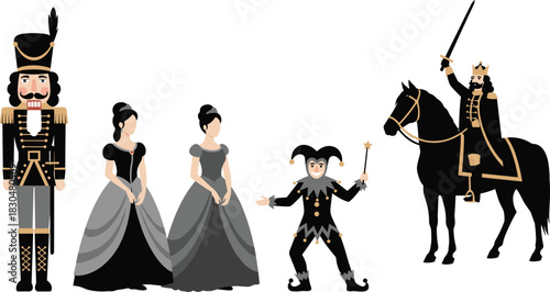 Medieval royal characters collection with king on horse, jester, noble women and soldier, historical fantasy illustration vector design