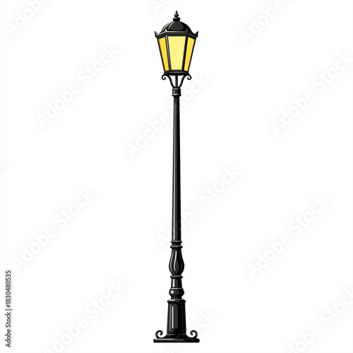 Vintage street lamp illustration with glowing lantern classic design light post black yellow ornate urban decor