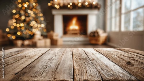 Wooden tabletop foreground with blurred background of stone fireplace with burning fire, glowing Christmas tree and candles on mantel