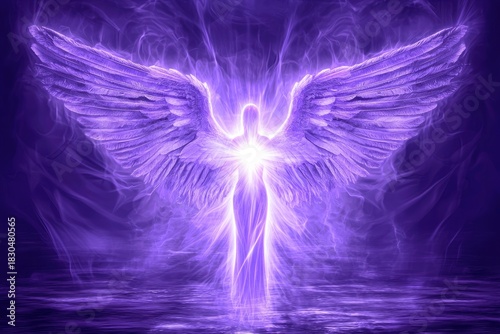 glowing purple angel with large wings radiating light and calmness against dark water background