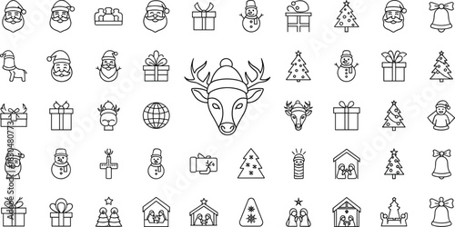 Outline Christmas icon set with Santa Claus, reindeer, snowman, gift boxes, Christmas trees, bells, and nativity scene vector