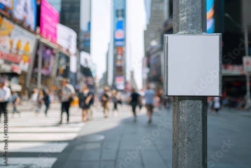 Fototapeta Naklejka Na Ścianę i Meble -  busy Times Square sidewalk, lamppost near pedestrian crossing with small square blank white poster