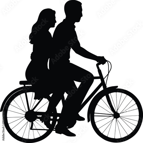 A silhouette of a couple riding a classic bicycle together