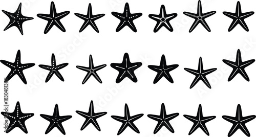 Set of black starfish silhouettes with dotted textures and detailed marine shapes, vector illustration of ocean sea stars collection
