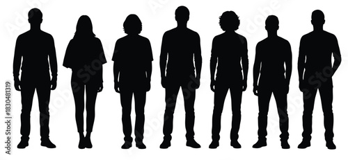 Diverse group of silhouetted figures standing together against a white background