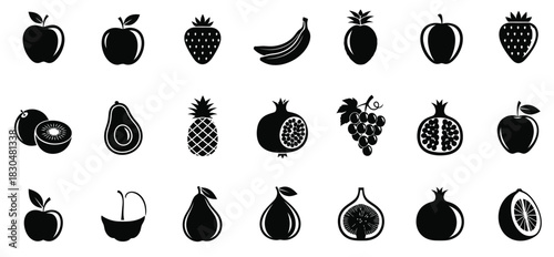 Collection of stylized black and white fruit silhouettes with textured detail